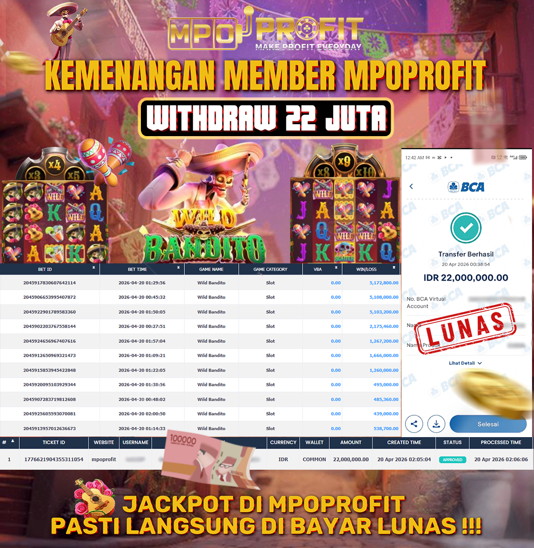 MPOPROFIT JACKPOT SLOT PGSOFT! KEMENANGAN MURNI DI (WILD BANDITO TOTAL RP 22.000.000,- LUNAS)